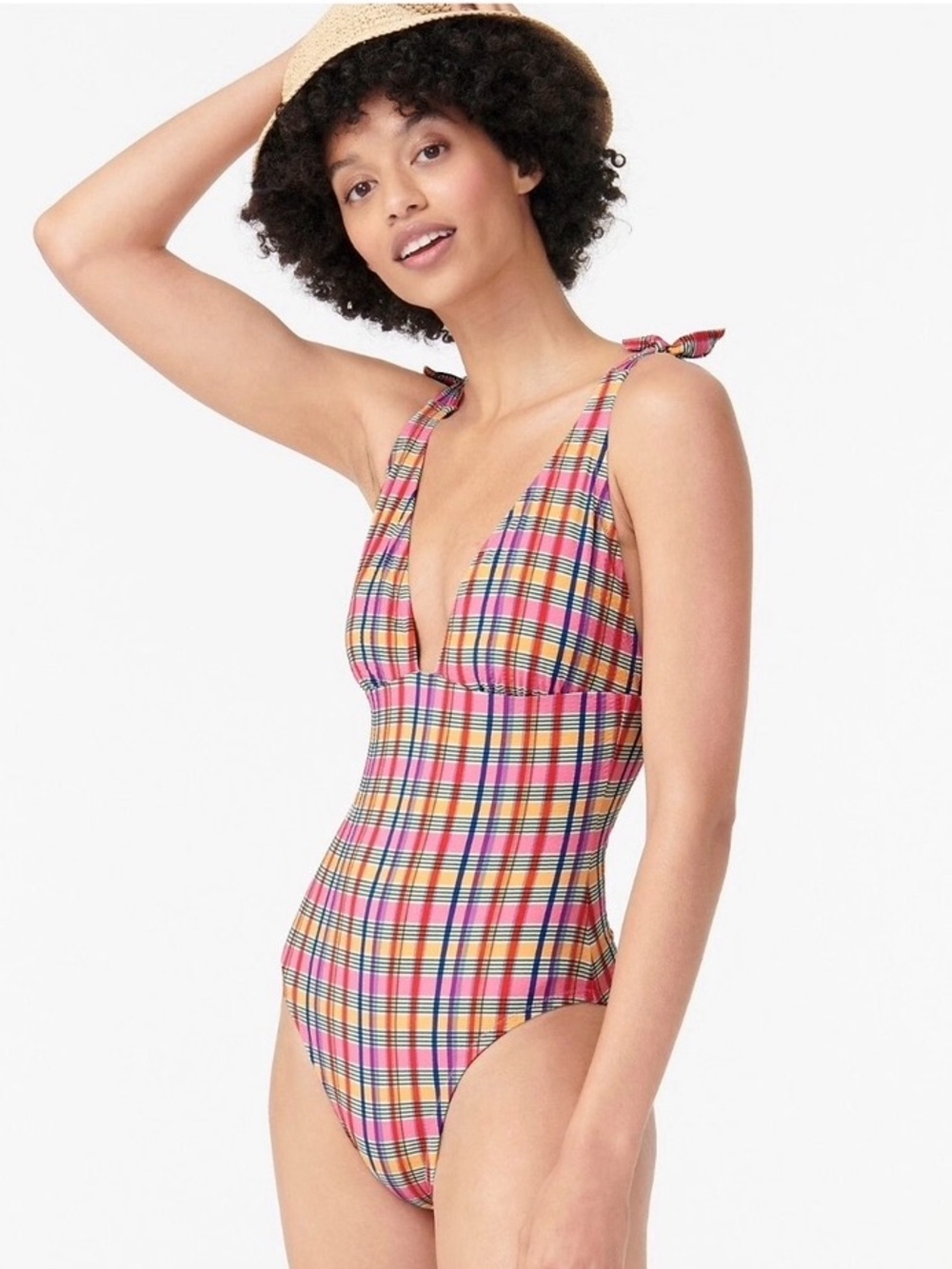 J. Crew Tie Shoulder One-Piece Swimsuit in Electric Plaid